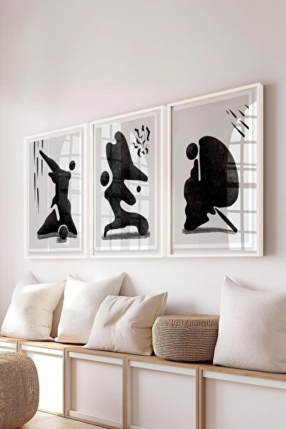 Postifull Siyah Beyaz Soyut Tablo Seti, 3 Adet Beyaz Çerçeve ve Poster - Yata...