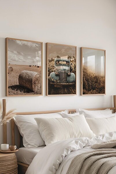 Postifull Set de pictură rustic maro din 3 piese, cadru din lemn și poster - Decor pentru sufragerie, bucătărie, dormitor