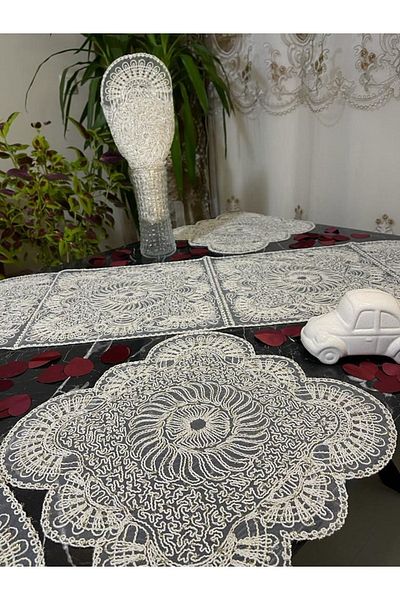 Tekstilsa New Luxury Runner Living Room Coffee Table Table Cover Lounge Set 5 Pieces White