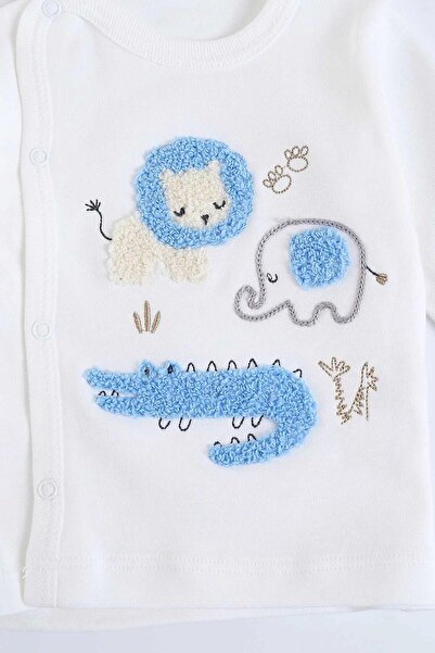 VEGAMOD ERKEK YENİDOĞAN KENDİNEN ELDİVENLİ SÜZENE ASLAN İŞLEMELİ ÜÇLÜ TAKIM