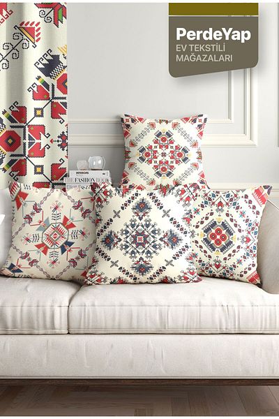 PerdeYap1980 Authentic Kilim Embroidery Patterned 4-Piece Digital Printed Throw Pillow Cover 43 X 43 cm Cream-Red