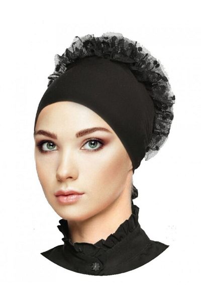 Sermet Süs Dünyası Cermet Hijab Frilly Non-Slip Bonnet Knob Cap Black Color