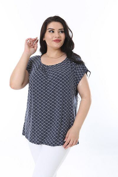 Şans Navy Collar Women's Pleated Blouse - Low Sleeve, Plus Size 65n38212