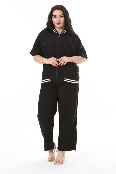 Şans Set bluză și pantaloni neagră de mărime mare - cu fermoar în față, buzunar și detaliu nervurat 65N38192