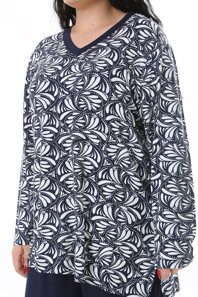 Şans Σετ μπλούζα με μακρυμάνικη λαιμόκοψη και ελαστικό παντελόνι στη μέση σε Navy Blue - Plus Size 65n38195