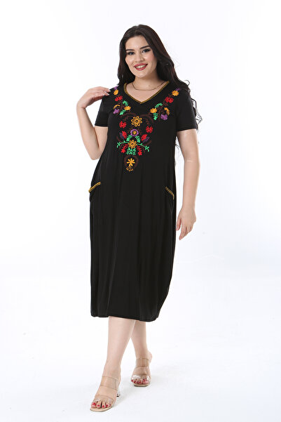 Şans Plus Size V-neck Black Dress with Embroidery Detail - 65n38203