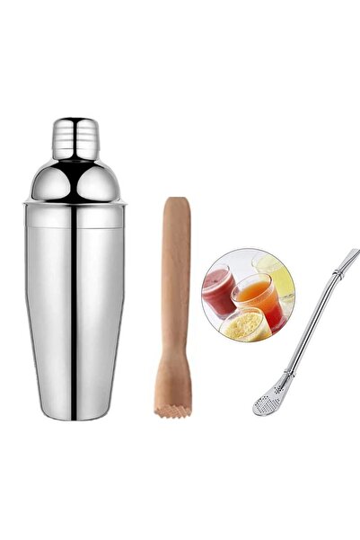 adin tasarım Kokteyl Seti 3lü Shaker 350 ml Çelik Ahşap Mojito Tokmağı Süzgeç...