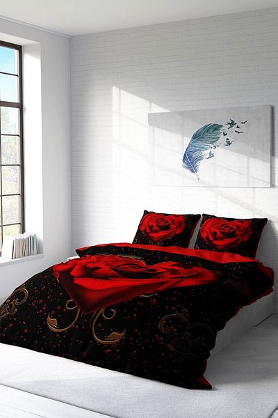 PerlaSera Double Duvet Cover Set - Satin, Cotton, 3D Design, Red Black Heart