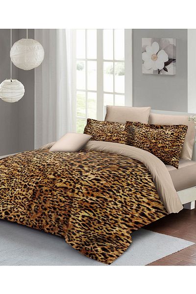 MonoHome Lenjerie de pat dublă din satin 100% bumbac cu cearșafuri elastice Leopard Golden Leopard