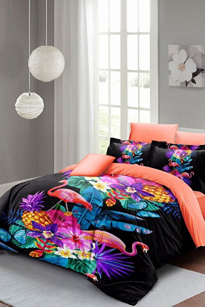 MonoHome 100% Cotton Satin Double Duvet Cover Set Flamingo III with Fitted Sheets