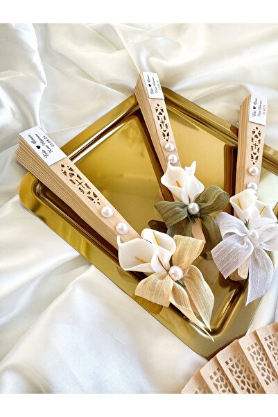 Gami Handmade Zambak Süslemeli İnci Detaylı Ahşap Yelpaze - Nişan, Nikah, Söz, Kına - 10 Adet