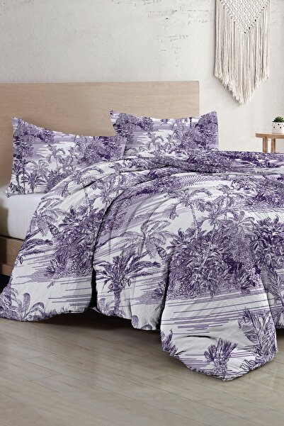 MonoHome Set lenjerie de pat dublu, personalizat, din bumbac țesut, din pânză din satin, colecție Tropical Island Purple