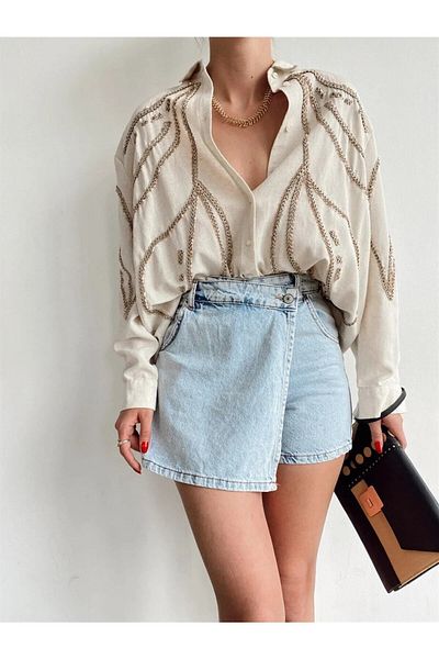 TRENDNATUREL Fusta pantaloni scurți din denim asimetric cu detaliu de închidere în față (cumpărați cu o mărime mai mare)