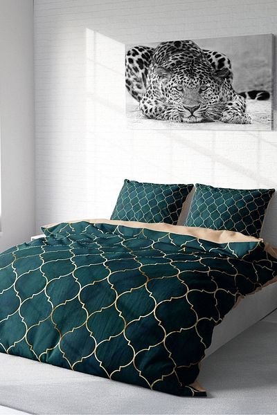 PerlaSera 3D Custom Design - Double Duvet Cover Set, Tightly Woven Cotton Satin, Gold Line Moraccan