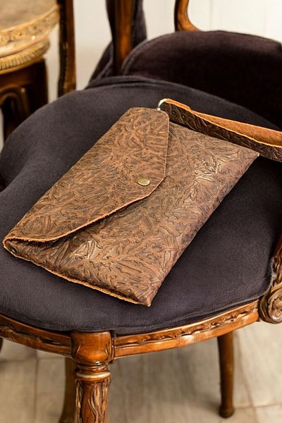 MAT Deri Tan Ethnic Patterned Genuine Leather Thin Wrist Strap Women's Clutch Bag