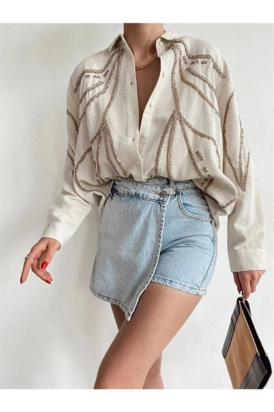 TRENDNATUREL Fusta pantaloni scurți din denim asimetric cu detaliu de închidere în față (cumpărați cu o mărime mai mare)