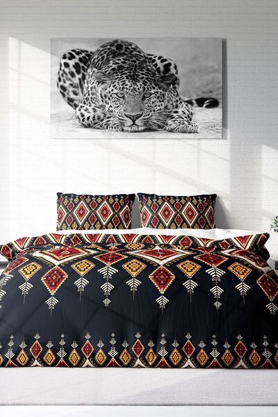 PerlaSera Τρισδιάστατο Προσαρμοσμένο Σχέδιο - Σετ Παπλωματοθήκη Διπλής, Βαμβακερό Σατέν Πυκνό, Ethnic Geometric