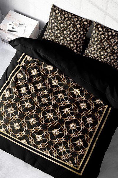 PerlaSera 3D Custom Design - Double Cotton Satin Duvet Cover Set, Gold Deco
