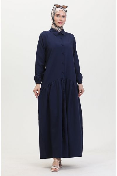 sefamerve Navy Blue Gathered Buttoned Dress - 0449-03