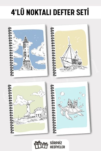 Eldesen Tasarım A5 Size Set of 4 - Spiral Dotted 50 Sheets 100 Pages School Notebook