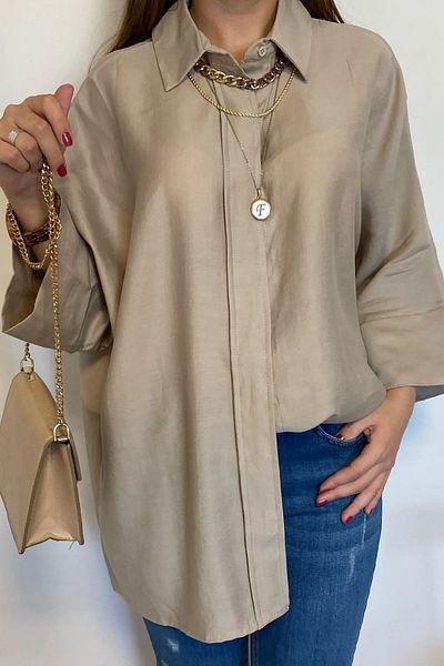 FURKAN EXCLUSIVE Mink Women's Shirt - Hidden Button, Poor Sleeve, Oversize Loose Fit