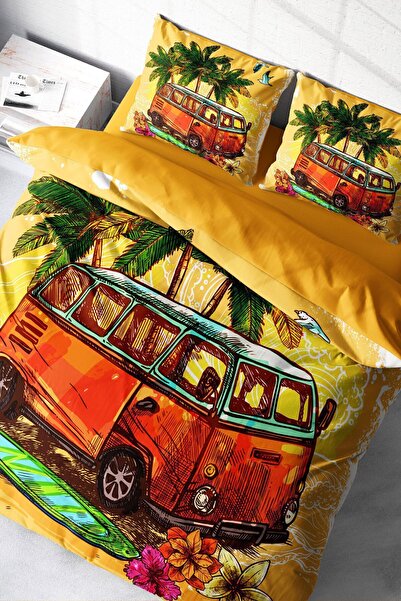 MonoHome Double (With Elastic Sheets) 100% Cotton Satin Duvet Cover Set Caravan