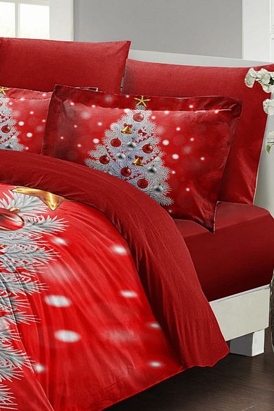 MonoHome New Year Duvet Cover Set (With Elastic Sheets) Double 100% Cotton Satin Gift Christmas