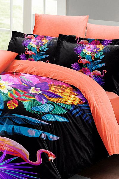 PerlaSera تصميم Flamingo III ثلاثي الأبعاد مخصص - طقم غطاء لحاف مزدوج، ساتان قطني منسوج بإحكام
