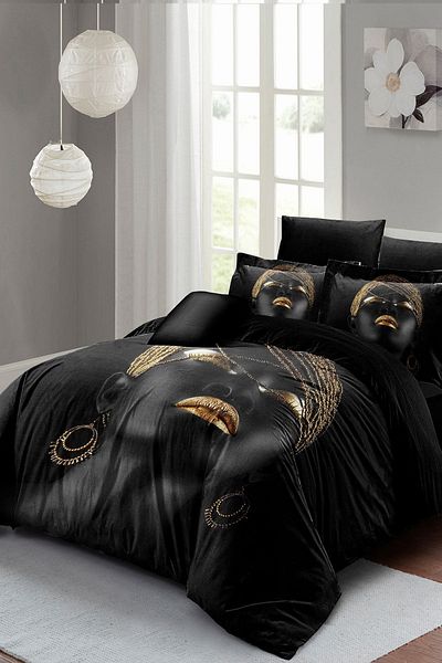 PerlaSera 3D Custom Design - Double Duvet Cover Set, Tightly Woven Cotton Satin, African Women