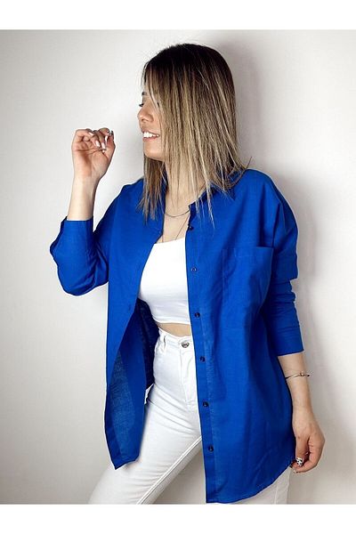 Durmaz Țesătură de in jacquard albastru Saks este mai puțin voluminosă, cămașă de in oversize Cămașă de vară de sezon nou