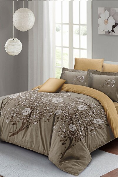 MonoHome Autumn Brown Double 100% Cotton Satin Duvet Cover Set - With Elastic Sheets