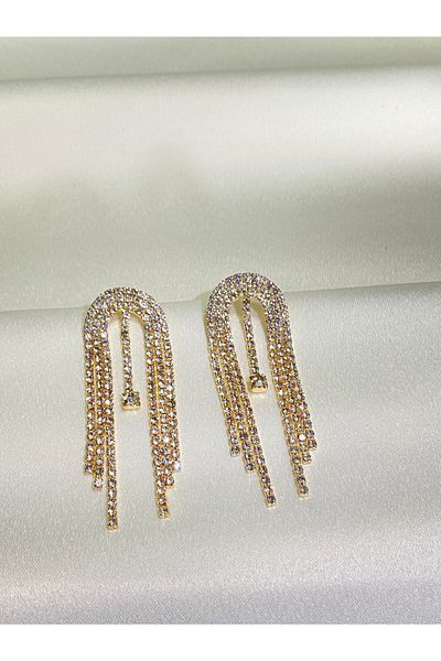 Furtek Aksesuar Sonia Model Zircon Jewelled Earring Evening Dress - Gold Plated, Daily and Engagement Ball