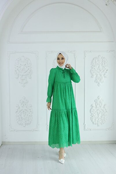 She Olive Φόρεμα Hijab με λεπτομέρεια με φούντα-πράσινο