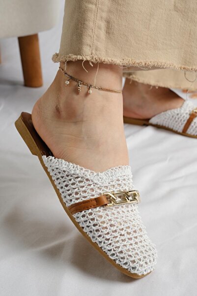 Oksit Irene Gold Buckle Λεπτομερείς γυναικείες πλεκτές παντόφλες για το σπίτι και το εξωτερικό