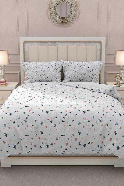 MonoHome 100% Cotton Satin Double Duvet Cover Set with Fitted Sheets Terrazzo