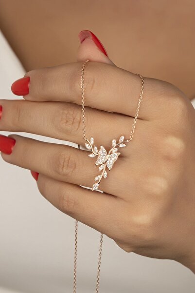 Silvano Jewelry 925 Ayar Gümüş Rose Daldaki Kelebek Kolye