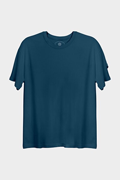 Unisex Oversize Bisiklet Yaka Petrol Yeşili Sade %100 Pamuk Tok Duruşlu Tişört