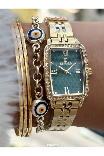 Reward Gold Colored Steel Cord Rectangular Case Women's Wristwatches - Bracelet