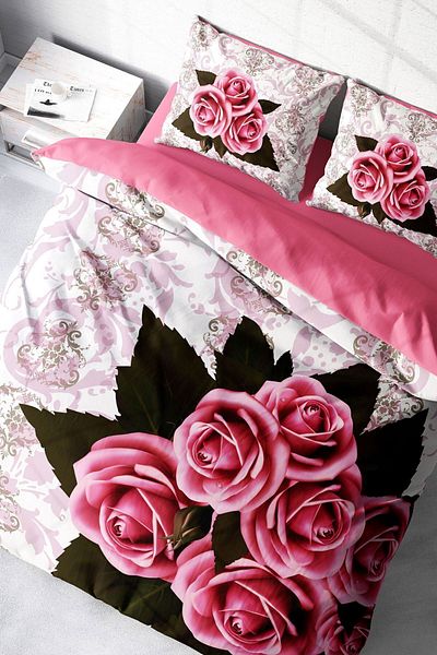 PerlaSera Double Duvet Cover Set Closely Woven Cotton Satin 3D Special Design Rose-1008 Natural (without sheets)