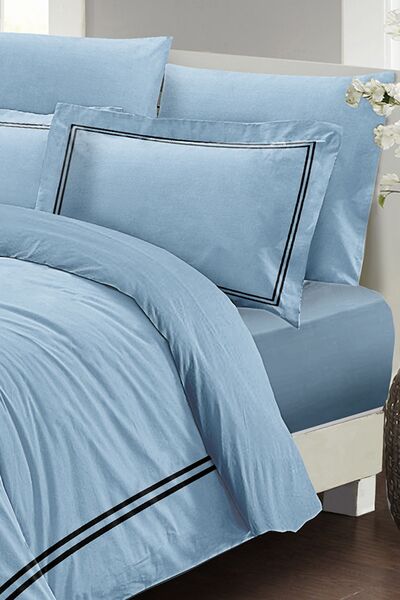 MonoHome Luxury Blue Double Duvet Cover Set - 100% Cotton Satin, with Elastic...