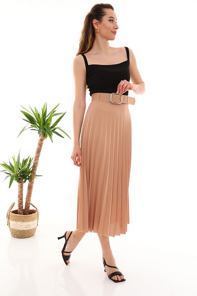 MB-MODA BİZİMLE Ζώνη Μπεζ πλισέ φούστα