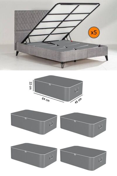 Spartek home textile 5 Adet Antrasit -Çekyat Baza Tipi Hurc - Baza Altı Büyük Boy Saklama hurcu 65 X 45 X 22 Cm