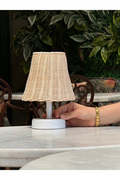Maison Avf Rattan & Bambu Masa Üstü Kablosuz Pilli Abajur Masa Lambası Beyaz