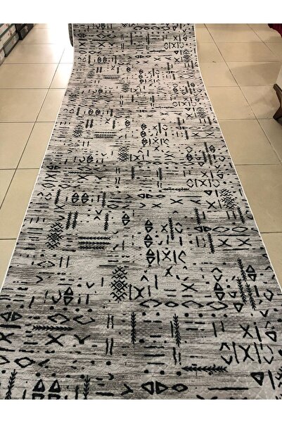 MBA Gray Scandinavian Patterned, Three-Dimensional Washable Embossed Black Dinarsu Carpet - Runner