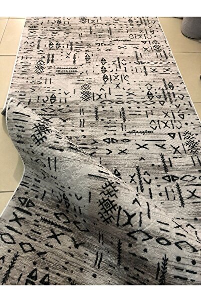 MBA Gray Scandinavian Patterned, Three-Dimensional Washable Embossed Black Dinarsu Carpet - Runner