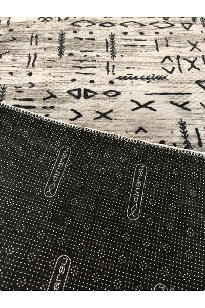 MBA Gray Scandinavian Patterned, Three-Dimensional Washable Embossed Black Dinarsu Carpet - Runner