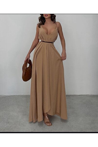 SANX Kadın Camel Maxi Sırt Dekolteli Bağcıklı Kemerli Ince Askılı Özel Gün Da...