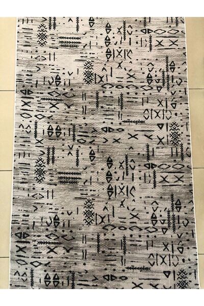 MBA Gray Scandinavian Patterned, Three-Dimensional Washable Embossed Black Dinarsu Carpet - Runner