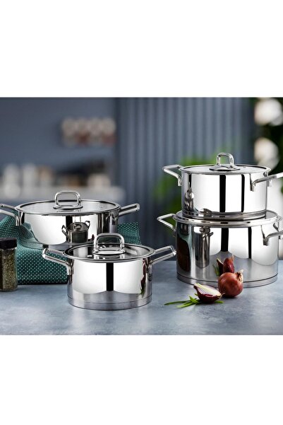 Lines Yeni Silver 8 Parça Metal Kulplu Çelik Tencere Seti