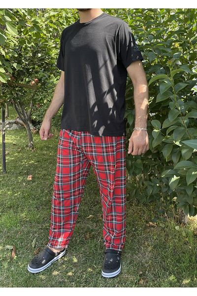 Betimoda Men's Red Green Square Pajama Bottoms - Tracksuit with Pockets and Elastic Waist